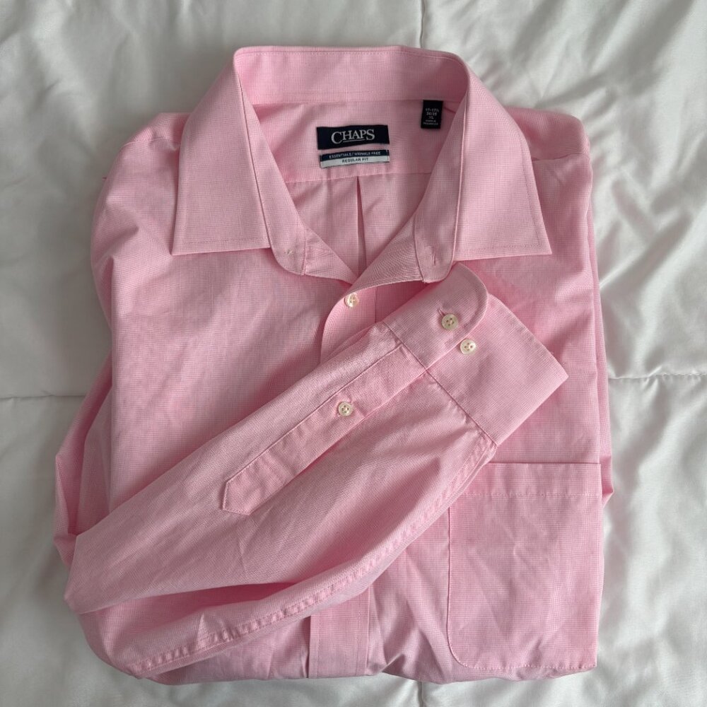 Chaps Men's Dress Shirt Essentials Pin Checks Pink Preppy 17-17.5 34/35 XL
